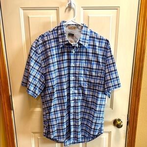 Haggar Blue Button Down Cotton Plaid Short Sleeve Shirt size L